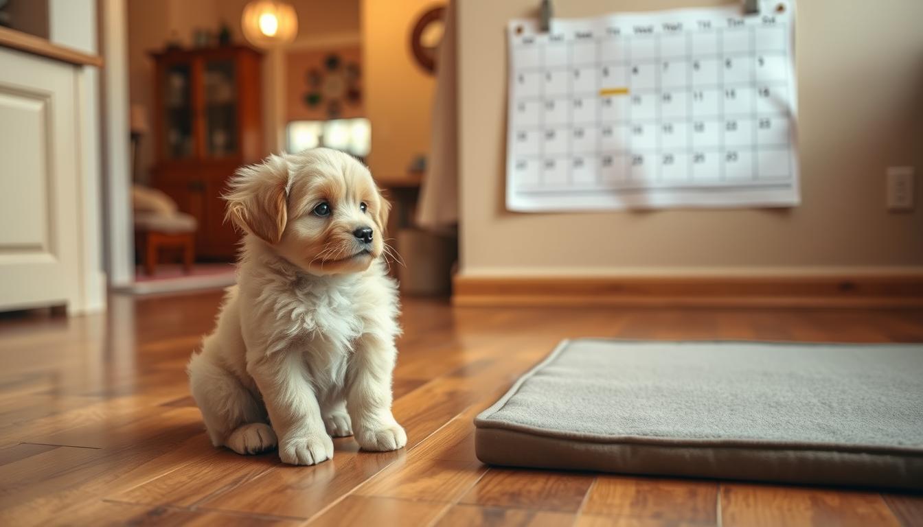 A cozy, well-lit home interior with a wooden floor. In the foreground, a young, fluffy puppy sits next to a training pad, looking attentive. The puppy's expression conveys a sense of understanding, as if it's learning the proper potty routine. In the middle ground, a calendar hangs on the wall, highlighting specific times for the puppy's scheduled potty breaks. The background features a warm, neutral color palette, creating a calming and inviting atmosphere, conducive to effective puppy training. The overall scene emphasizes the importance of establishing a consistent potty training schedule for the puppy's success.