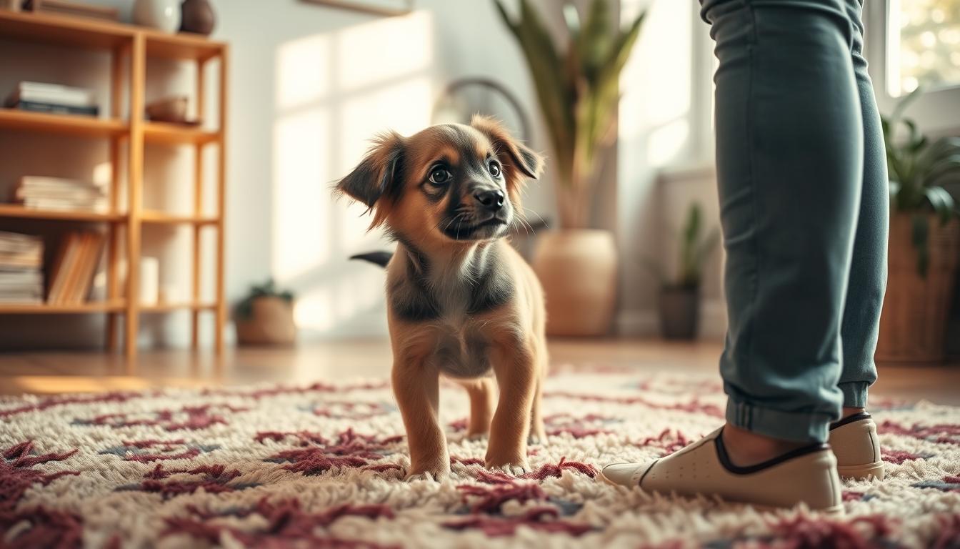 A puppy excitedly stands on a plush, colorful rug, intently watching its owner as they demonstrate proper potty training techniques. The pup's large, curious eyes and wagging tail convey a sense of eager anticipation. Warm, diffused lighting from a nearby window casts a soft glow, creating a cozy, inviting atmosphere. In the background, a wooden bookshelf and plants add natural, earthy accents, while the overall composition emphasizes the positive, nurturing nature of the training process. The scene captures the key moment of reinforcing good habits during the crucial second week of a puppy's potty training journey.