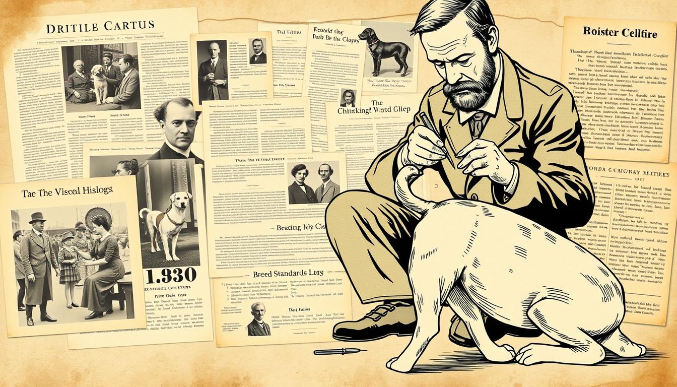 A detailed historical depiction of the practice of tail docking, showcasing its origins and evolution. In the foreground, an elegant line drawing style illustration depicts a bulldog's tail being carefully trimmed by a skilled veterinarian from the late 19th century, with precision tools and a focused expression. The middle ground features a collage of historical photographs, newspaper clippings, and breed standards documents, providing context on the cultural and societal factors that influenced this procedure. The background blends seamlessly, with a muted sepia-toned palette and a sense of aged parchment, conveying the weight of tradition and the passage of time. Overall, the image exudes a scholarly, informative tone befitting the subject matter.