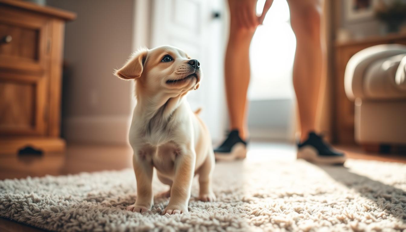 A cheerful puppy standing on a soft, plush rug, looking up eagerly as their owner demonstrates proper potty training techniques. The puppy's pose is attentive, their eyes bright with curiosity. Warm, natural lighting filters in through a nearby window, casting a gentle glow on the scene. The background is blurred, keeping the focus on the puppy and their owner's interaction. The overall atmosphere is one of patience, encouragement, and the joy of learning a new skill. The image captures the step-by-step process of potty training a puppy in a relatable, visually appealing way.
