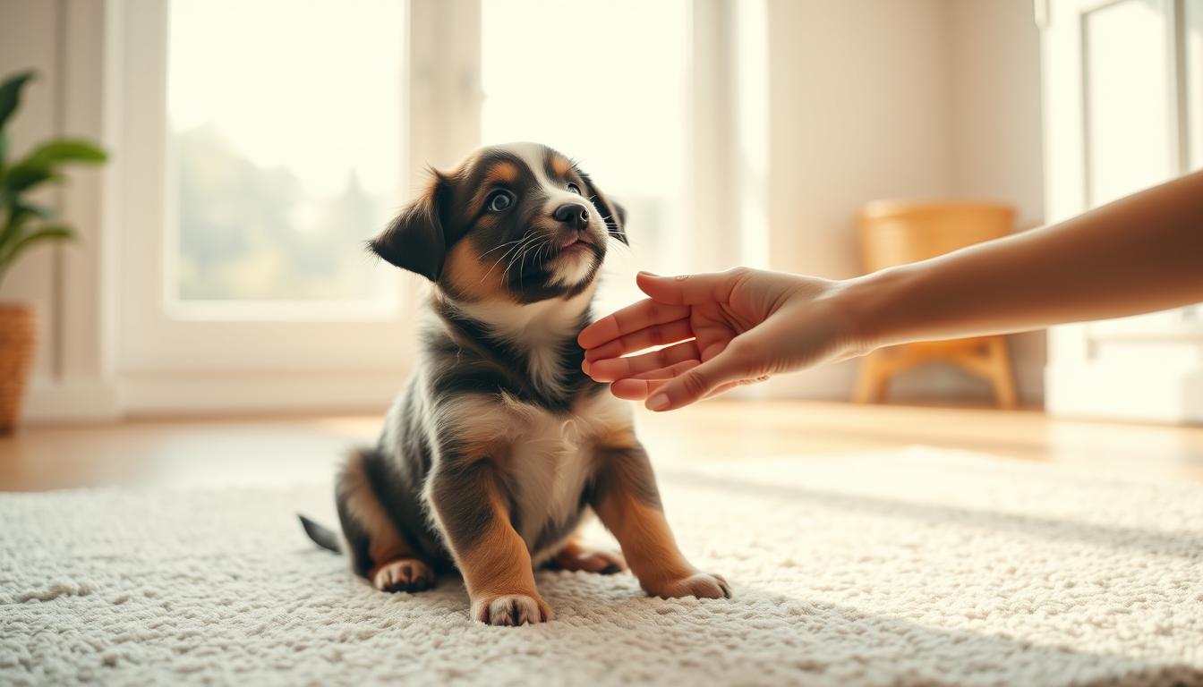 A playful puppy learning the basics of potty training, sitting on a soft rug in a bright, airy room. The pup looks up with an inquisitive expression, as a caring human hand gently guides it. The scene is bathed in warm, natural light filtering through large windows, creating a cozy, nurturing atmosphere. The background is minimalist, allowing the puppy's training session to be the focal point. The overall mood is one of patient guidance and the puppy's eager willingness to learn.