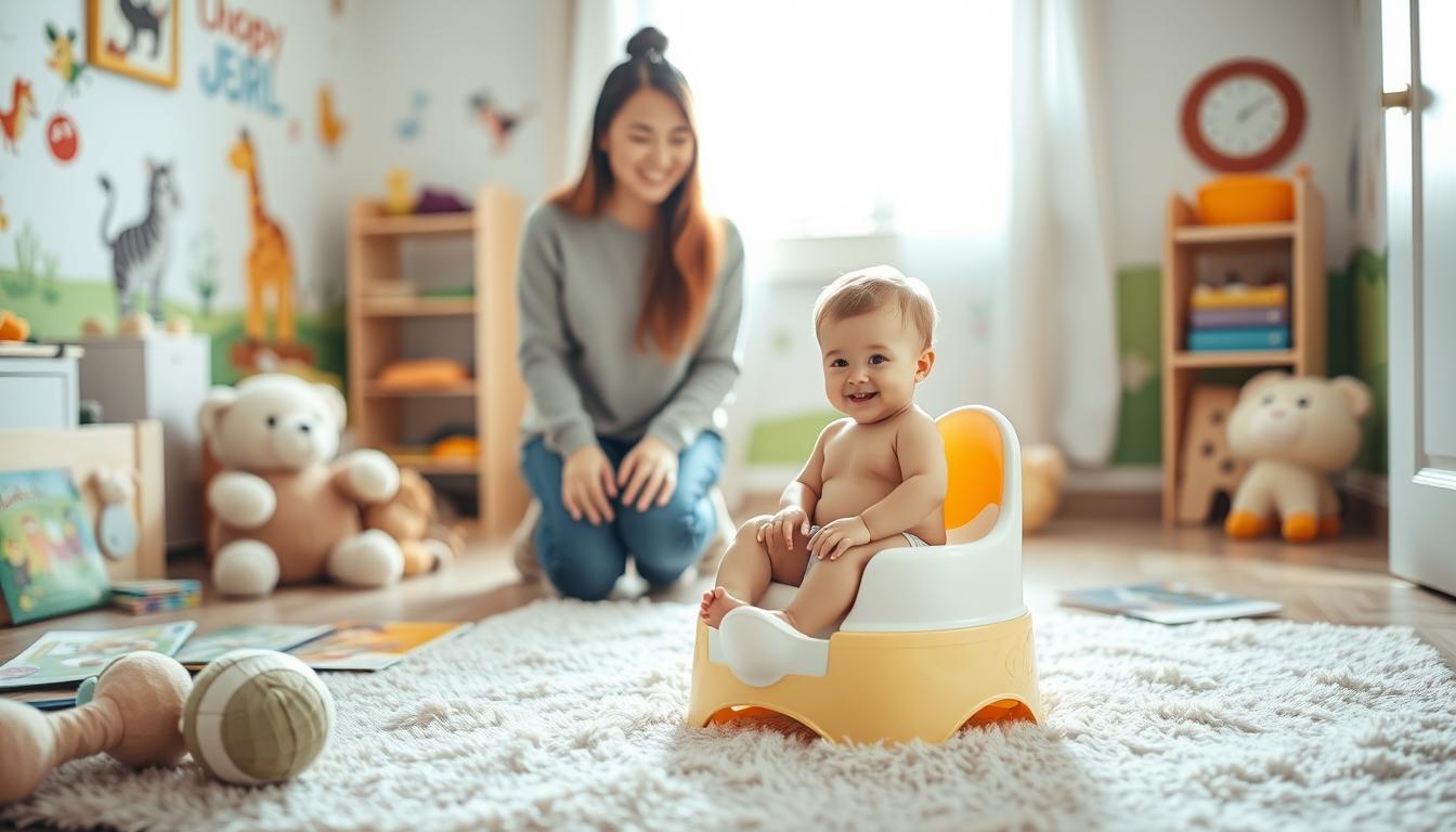 A brightly lit, warm and inviting nursery scene. In the foreground, a toddler sitting on a colorful, padded potty chair, their face expressing a sense of pride and accomplishment. Surrounding them, plush toys, storybooks, and a soft, fluffy rug underfoot. In the middle ground, a parent kneeling beside the child, offering encouraging smiles and gentle guidance. The background features a cheerful wall mural with whimsical animal characters, casting a soothing, supportive atmosphere. Soft, natural lighting filters in through a window, creating a cozy, nurturing environment perfect for this positive reinforcement potty training moment.