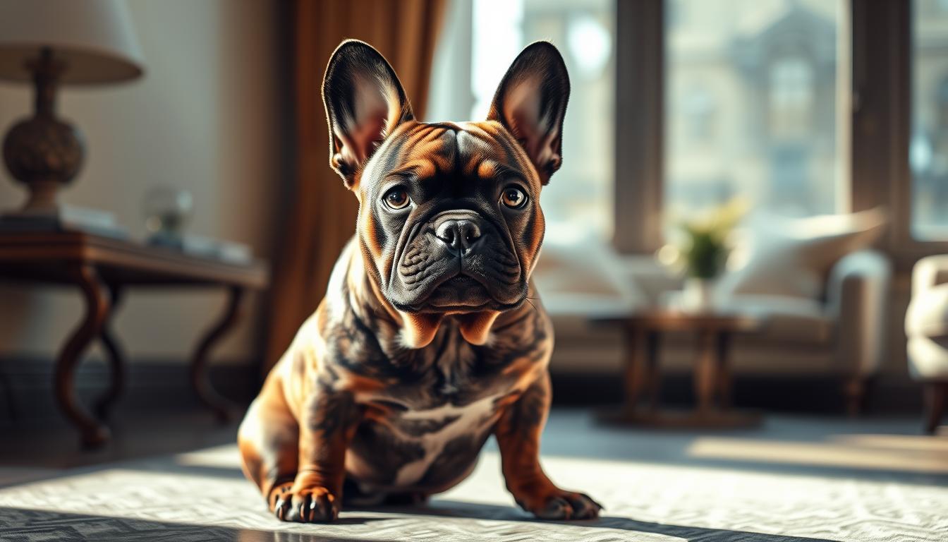 A rare, striking French Bulldog sits regally in a sunlit corner, its vivid fawn and brindle coat glowing with an almost iridescent sheen. The dog's alert gaze and compact, muscular build convey an air of aristocratic elegance, a testament to its unique genetic heritage. The background is a softly blurred, high-end interior, hinting at the luxurious lifestyle and exclusivity associated with this breed. Soft, warm lighting bathes the scene, creating a sense of refined opulence and desirability. The overall composition emphasizes the Frenchie's rarity and the premium status it commands in the canine world.