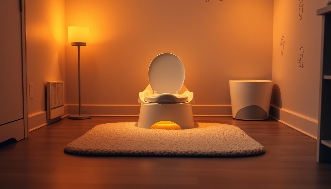 A cozy and inviting indoor potty training area, with a small, non-slip rug in the foreground, a child-sized potty chair nestled in the center. Warm, indirect lighting illuminates the space, creating a calm and soothing atmosphere. The background features a neutral-toned wall, with a few simple, yet educational wall decals or artwork related to potty training. The overall scene conveys a sense of safety, comfort, and encouragement for a young child's developmental milestone.