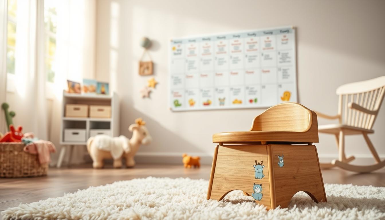 Potty training schedule with a colorful, whimsical aesthetic. A wooden potty chair sits on a soft, plush rug in the foreground, surrounded by illustrated stickers of animals and encouraging phrases. In the middle ground, a weekly calendar hangs on the wall, detailing a structured potty training routine with reward systems. The background features a cheerful, sun-dappled nursery with toy bins, storybooks, and a rocking chair, creating a cozy, nurturing environment. Soft, diffused lighting casts a warm glow, and the composition is captured from a low, child's-eye perspective to convey a sense of comfort and support.
