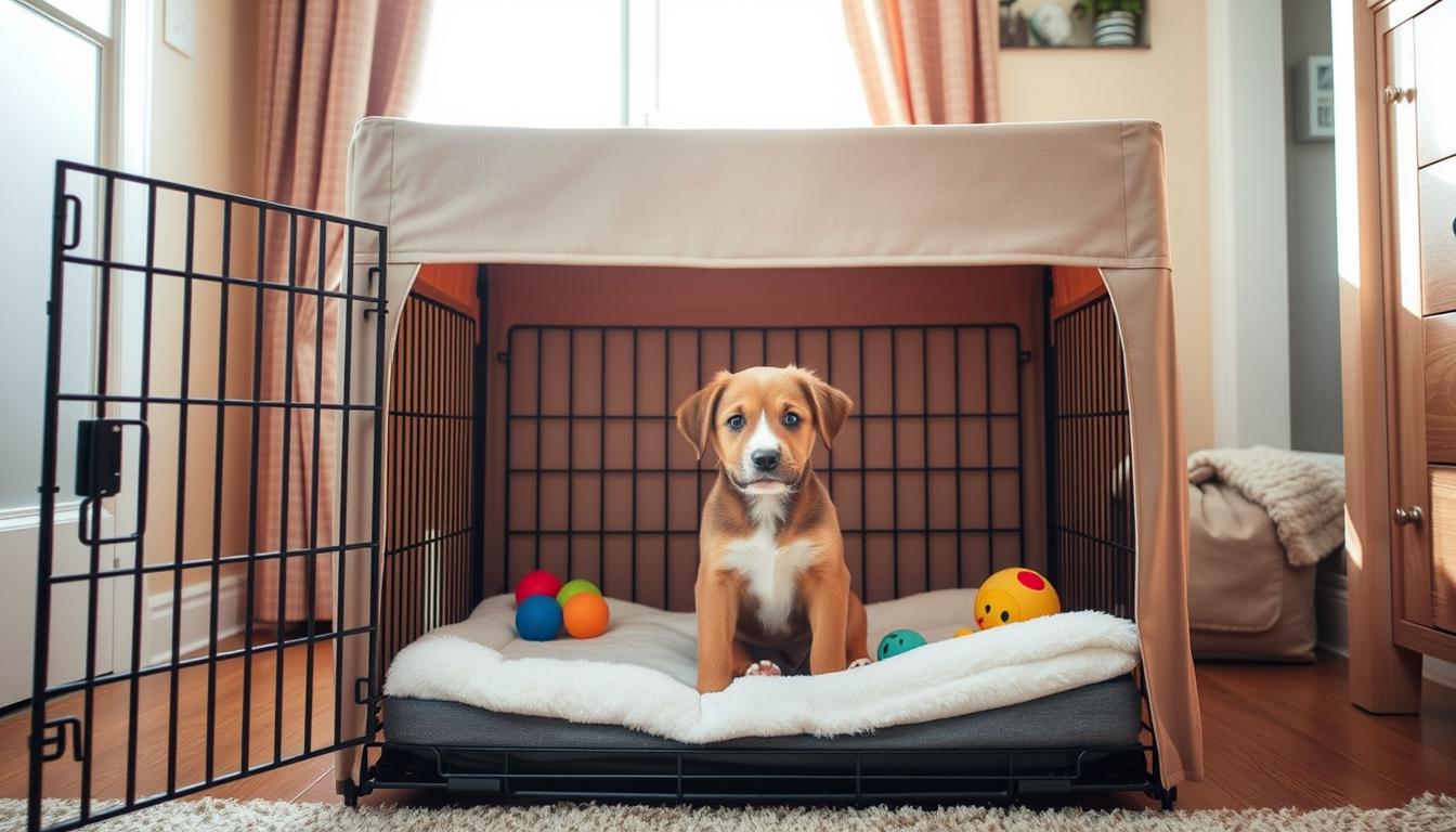 A cozy, well-lit puppy crate in a warm, inviting home environment. The crate has a soft, plush bed, and a selection of puppy-safe toys inside. Sunlight streams in through a nearby window, casting a gentle glow over the scene. The puppy, a playful and curious young pup, sits attentively in the crate, ready to learn and explore its new safe space. The room around the crate is clean, organized, and designed with the puppy's comfort and training in mind. The atmosphere is calm, peaceful, and conducive to building a strong bond between the puppy and its new owner.