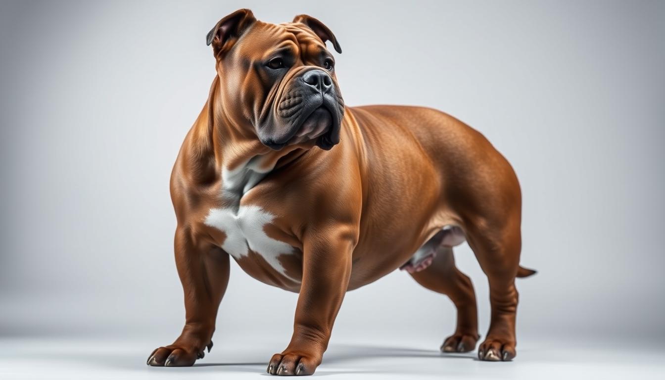 A muscular, solidly-built canine stands in a well-lit studio setting, its broad head, powerful jaws, and stocky frame showcasing the quintessential bully breed characteristics. The dog's short, glossy coat and pronounced facial features create an imposing, confident presence. Dramatic side lighting accentuates the animal's sculpted physique, while a neutral background allows the subject to take center stage. The scene conveys the strength, tenacity, and distinctive appearance that define this robust group of dog breeds.