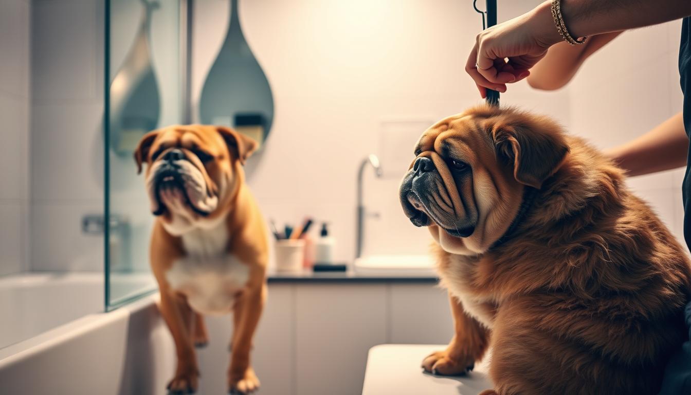 A cozy, well-lit bathroom setting with a fluffy, brown bulldog being groomed by a skilled human. In the foreground, the bulldog sits patiently as its tail is being brushed and trimmed, revealing the breed's distinctive long, thick fur. The middle ground showcases an array of grooming tools, including scissors, brushes, and shampoo bottles, neatly arranged on a counter. The background features a minimalist tiled wall and a soft, diffused lighting that creates a calming atmosphere, highlighting the care and attention being given to the dog's grooming routine.