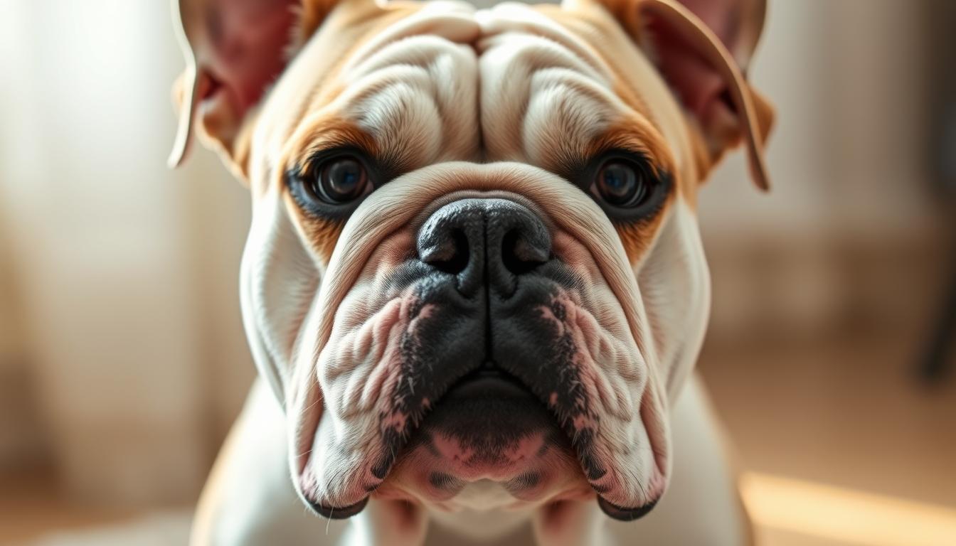 a close-up portrait of a bulldog's head, prominently featuring its distinct facial features - the wrinkled brow, short snout, and pronounced underbite. The lighting is soft and natural, illuminating the dog's expressive eyes and highlighting the delicate folds of skin around its muzzle. The depth of field is shallow, keeping the background slightly blurred and minimizing distractions. The overall composition emphasizes the bulldog's unique genetic traits, conveying a sense of calm contemplation and the breed's characteristic sturdy, dependable nature. The image aims to provide a visually informative illustration for the article's section on the short tails of bulldogs.
