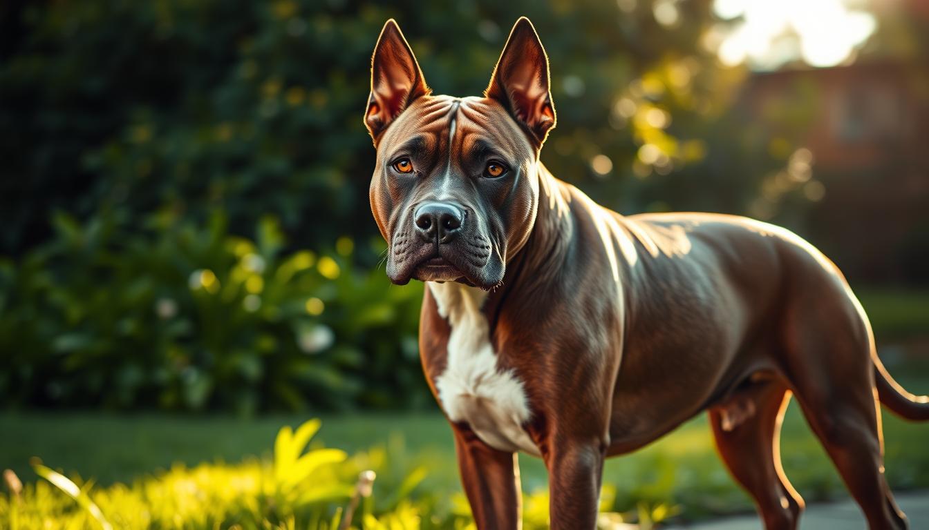 A majestic American Staffordshire Terrier standing proud, its muscular build and striking features illuminated by warm afternoon sunlight. The dog's intense gaze and slightly tilted head convey its intelligence and alert nature. In the background, a lush green garden frames the scene, adding a sense of tranquility. The image is captured with a shallow depth of field, gently blurring the surroundings and drawing the viewer's attention to the breed's captivating characteristics.