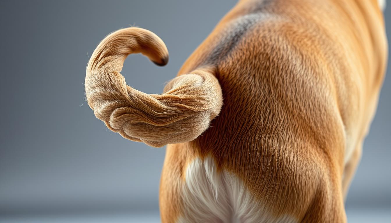 A close-up view of a bulldog's tail, showing the effects of selective breeding over generations. The tail is short, thick, and curled, with wrinkled skin and a pronounced kink. The background is a neutral, slightly blurred studio setting, allowing the tail to be the focal point. Subtle lighting from the side accentuates the textural details, creating a sense of depth and dimension. The overall mood is one of clinical observation, highlighting the anatomical changes brought about by selective breeding practices.