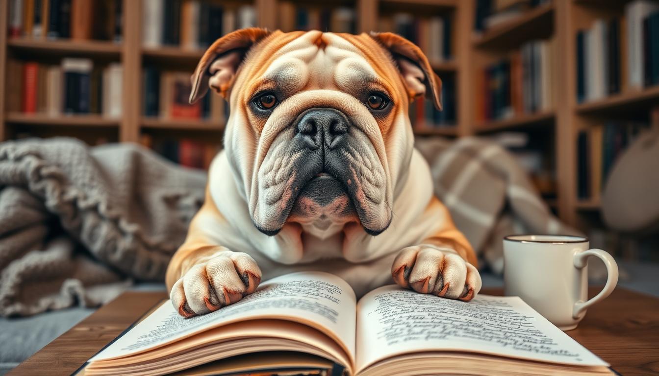 A warmly lit close-up portrait of an attentive bulldog wearing a thoughtful expression, with its paws resting on an open book filled with handwritten notes. In the background, a cozy home interior with bookshelves, a soft throw blanket, and a mug of steaming tea, creating a sense of expert knowledge and lived experience. The lighting is soft and natural, accentuating the bulldog's wrinkles and intelligent gaze. The composition is balanced, inviting the viewer to imagine the depth of the bulldog's understanding of its own care and training.