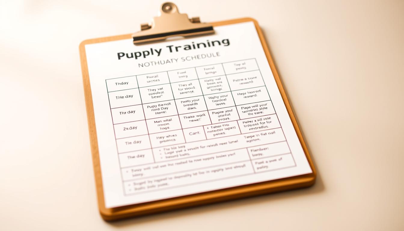 A neatly organized schedule for puppy potty training, displayed on a clipboard or paper pad. The schedule features a grid with times of day, actions (potty breaks, rewards, etc.), and helpful tips. The background is a soft, neutral color, allowing the schedule to be the focal point. The lighting is warm and natural, with a slightly blurred, shallow depth of field to keep the attention on the schedule. The angle is slightly elevated, as if the viewer is looking down at the clipboard on a table or desk. The overall mood is informative and reassuring, conveying a sense of structure and guidance for new puppy owners.
