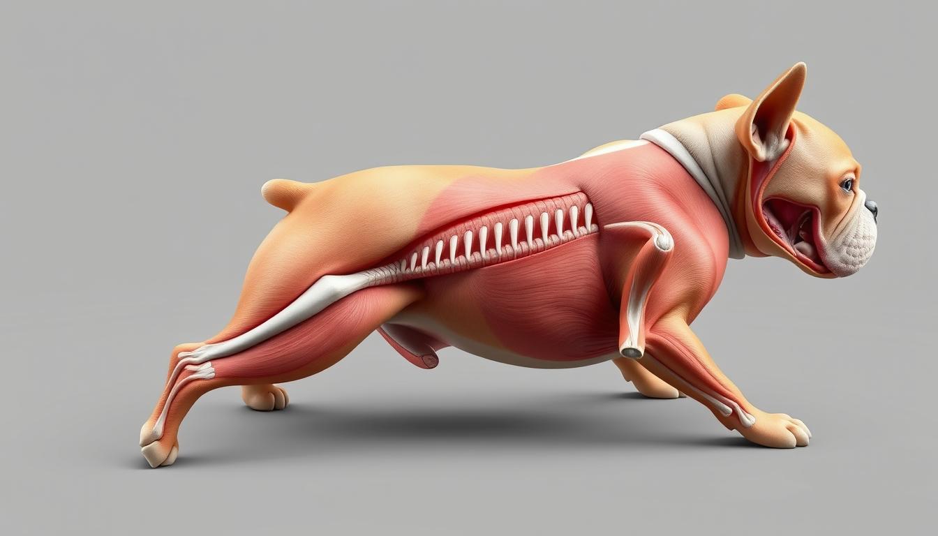 A detailed anatomical cross-section of a bulldog's tail, showcasing its internal structure and key features. The image should be rendered with a scientific, technical aesthetic, using a clean, minimalist style and neutral lighting to highlight the intricate details. The tail should be depicted in the center, with a clear view of the vertebrae, muscle tissue, nerves, and other anatomical components. The perspective should be slightly angled to provide depth and clarity, allowing the viewer to fully appreciate the complexity of the bulldog's tail anatomy.