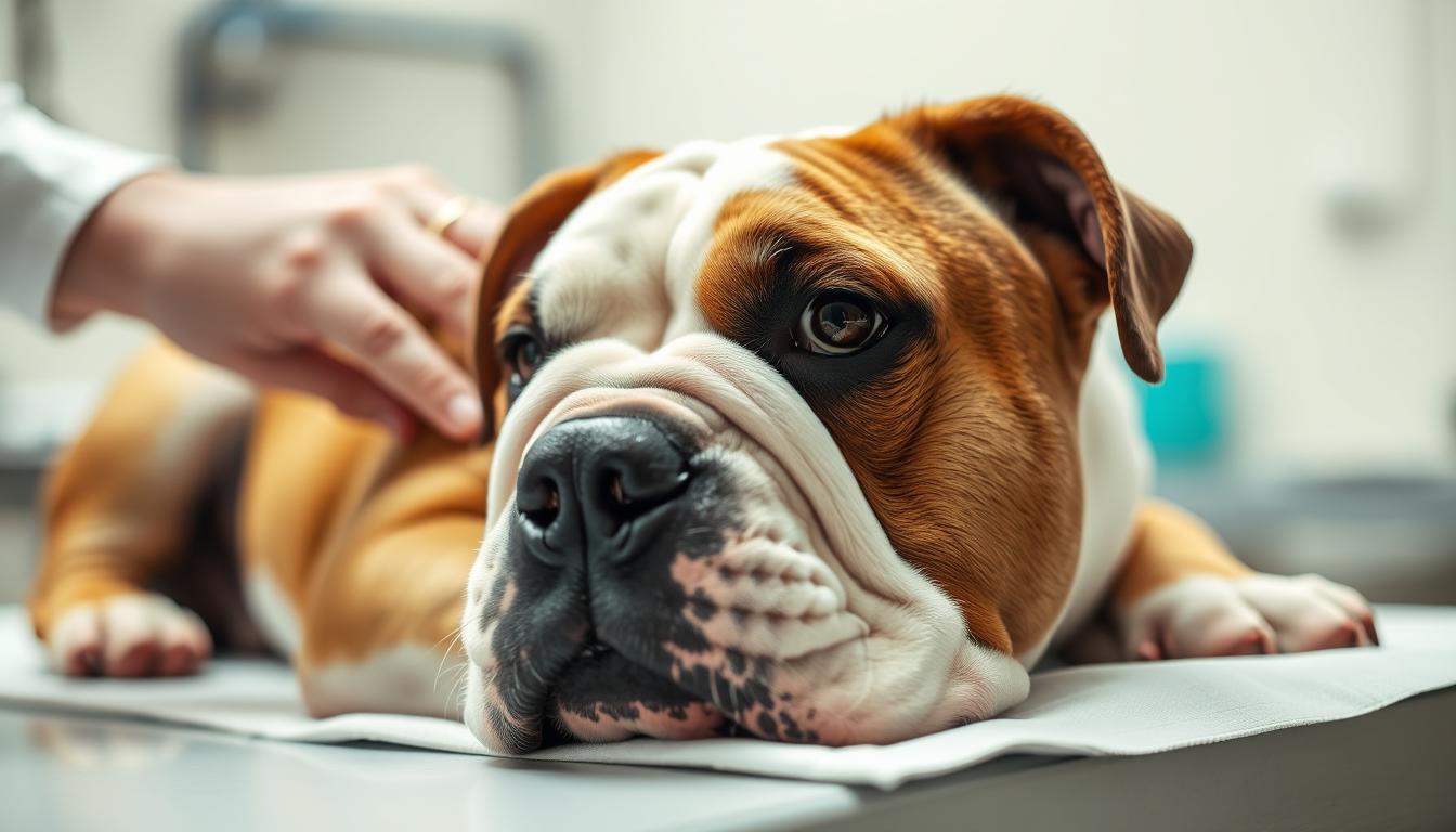 A close-up portrait of a bulldog lying on an examination table, its face and body in sharp focus. The dog's eyes are attentive, conveying a sense of trust and calmness as a veterinarian's hand gently examines its pulse. The lighting is soft and natural, illuminating the dog's wrinkled, expressive face. The background is blurred, suggesting a professional medical setting, with subtle hints of medical equipment in the periphery. The overall mood is one of care, concern, and diligent health monitoring, capturing the essence of maintaining optimal bulldog health.
