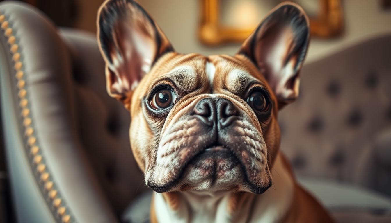 A detailed close-up view of a French Bulldog's head, showcasing its distinctive features like the wide-set eyes, wrinkly forehead, and large bat-like ears. The lighting is soft and diffused, creating a warm, inviting atmosphere. The dog's expression is curious and attentive, as if pondering the high cost factors associated with the breed. In the background, subtle hints of a luxurious setting, such as a plush velvet armchair or a gilded picture frame, convey the perceived exclusivity and high-end nature of French Bulldogs. The image captures the essence of why this breed is considered a premium companion, with a focus on the distinctive physical traits that contribute to its popularity and price tag.