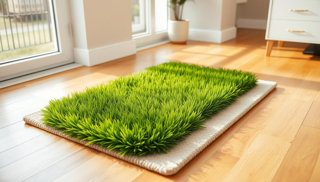 A small, neatly manicured indoor artificial grass potty patch placed on a clean, hardwood floor. The grass has a lush, vibrant green hue and a soft, plush texture. The patch is situated in a well-lit, cozy room with natural light streaming in through large windows, creating a warm and inviting atmosphere. The patch is placed on a clean, beige rug, adding a touch of coziness to the scene. The overall composition is visually appealing, with the artificial grass standing out against the warm-toned wooden floor and the natural lighting enhancing the natural feel of the setup. The image should convey a sense of cleanliness, comfort, and practicality for a small apartment setting.