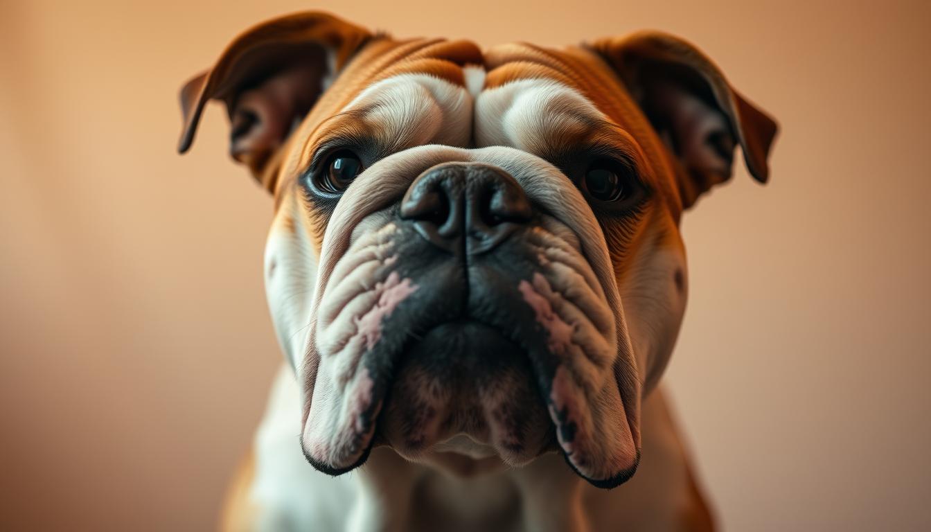 A close-up portrait of a distinctive bulldog, its wrinkled brow, pushed-in nose, and wide-set eyes capturing the breed's characteristic features. Set against a soft, blurred background that evokes a sense of calm and contemplation, the image conveys the bulldog's relaxed and amiable temperament. The lighting is warm and diffuse, highlighting the dog's expressive face and conveying an intimate, almost meditative mood. The camera angle is positioned slightly above the subject, creating a sense of gentle observation and study of the bulldog's unique anatomy and personality.