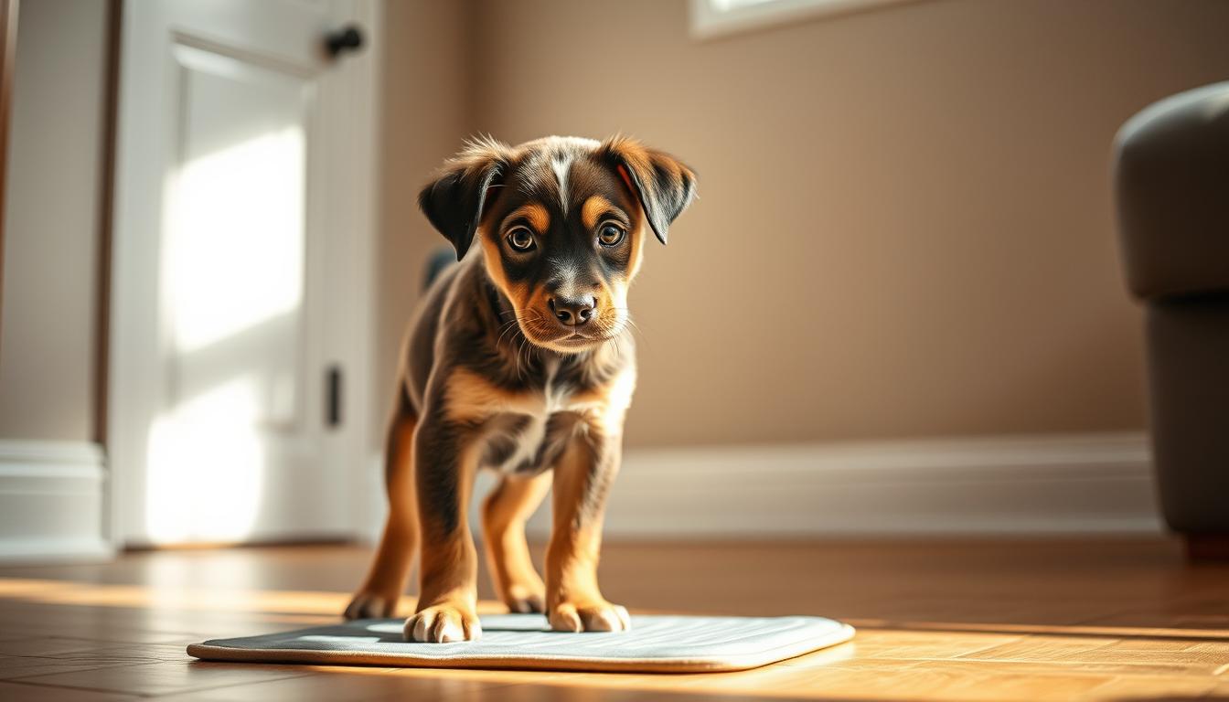 A mischievous puppy stands in a well-lit, cozy interior, looking quizzically at a training pad on the floor. Soft, diffused lighting from a nearby window casts gentle shadows, creating a warm, nurturing atmosphere. The puppy's curious expression and slightly tilted head suggest a moment of contemplation, as if considering the purpose of the training aid. The background is subtly blurred, keeping the focus on the puppy's interaction with the pad, capturing the challenges and learning process of potty training. Captured with a medium-wide lens, the scene conveys a sense of intimacy and connection between the puppy and its owner's efforts to guide the training.