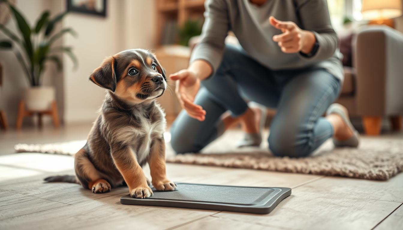 A well-lit, cozy indoor scene of a puppy being trained in a home environment. In the foreground, a young puppy sits attentively, looking up at their owner with big, eager eyes as the owner guides the puppy's paws towards a puppy training pad on the floor. The owner's hands are gently positioned, demonstrating the proper technique. In the middle ground, the owner kneels comfortably on a plush rug, wearing casual, relaxed clothing. The background shows a warm, inviting living room with soft lighting, perhaps a couch or armchair, and a few houseplants, creating a calming, nurturing atmosphere ideal for puppy training.