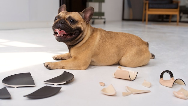 cute dog breaking plates at home