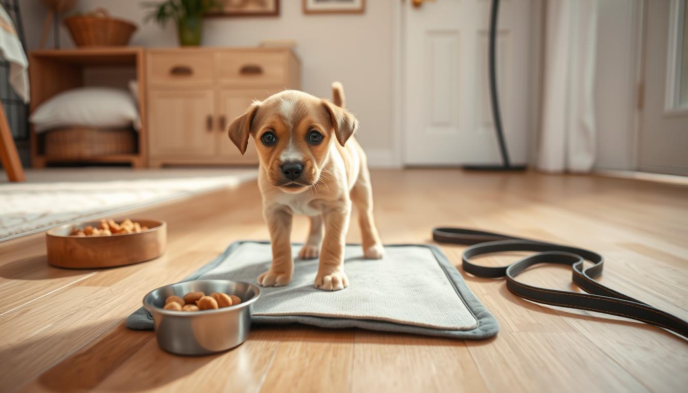 A warm, well-lit indoor scene of a puppy standing on a puppy pad, with a bowl of treats and a leash nearby. The puppy has a curious, alert expression as it sniffs the pad, surrounded by a clean, inviting environment. The room is decorated with neutral tones and soft textures, creating a calming atmosphere for the puppy's potty training process. The camera angle is at eye level, capturing the puppy's perspective and the attention to detail in the setup, emphasizing the dual approach of using both indoor pads and outdoor breaks for effective potty training.