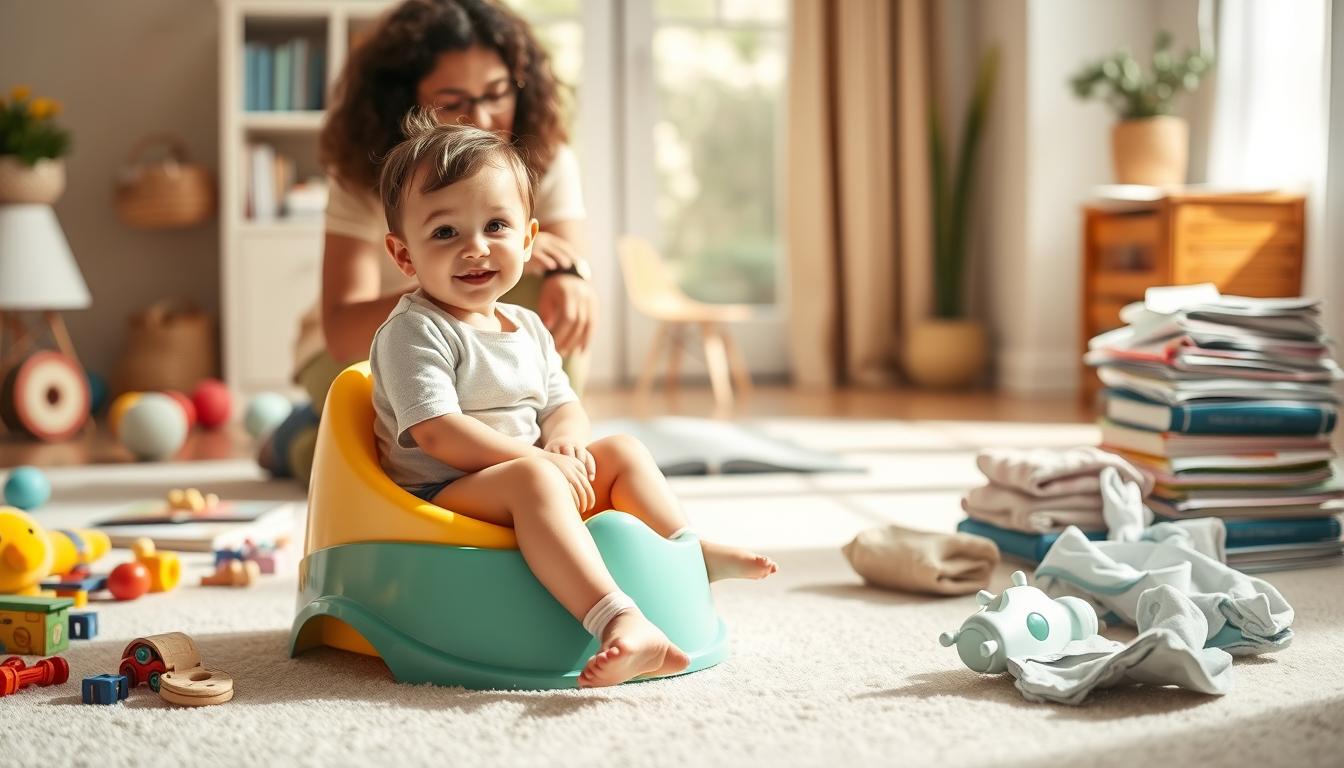 A cheerful and inviting scene depicting common signs that a child is ready for potty training. In the foreground, a young child sits on a small, colorful potty chair, their face showing a pleased expression. Surrounding the potty chair are scattered toys, storybooks, and a stack of training underwear, creating a cozy, home-like atmosphere. The middle ground features a parent kneeling down, offering encouragement and guidance to the child. The background showcases a bright, sunlit room with soft, muted colors, conveying a sense of comfort and security. The lighting is natural and warm, highlighting the positive and supportive environment for this important milestone in the child's development. The overall mood is one of patience, celebration, and the nurturing support of a loving caregiver.