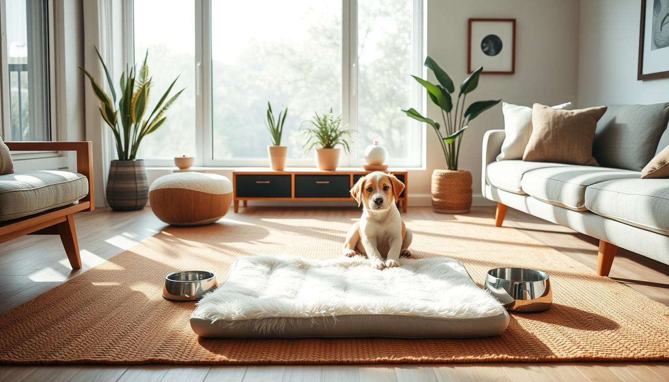 A cozy, well-designed puppy pad area set up in a modern, minimalist living room. A plush, soft puppy pad sits on a warm, textured rug, surrounded by low-profile wooden furniture. Soft, diffused natural light filters in through large windows, creating a serene and inviting atmosphere. Sleek, metal bowls for food and water stand nearby, complementing the clean, contemporary aesthetic. Decorative plants and subtle artwork on the walls add a touch of nature and warmth to the space. The overall scene conveys a sense of comfort, cleanliness, and care, perfectly suited for a puppy's needs.