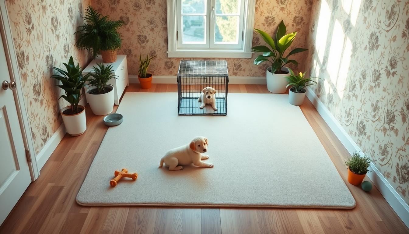 A well-lit, spacious puppy potty training area with a soft, absorbent mat or rug covering the floor. The area is situated in a corner of a cozy, inviting room, with natural light streaming in through a nearby window. A small, sturdy puppy crate sits in the middle, with a water bowl and a few chew toys nearby. The walls are adorned with soothing, earthy-toned wallpaper, and a few potted plants add a touch of greenery to the space. The overall atmosphere is calm, clean, and designed to encourage the puppy's natural instincts to keep their living area tidy.