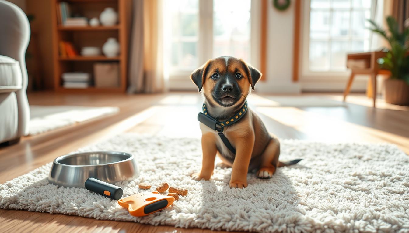 A cozy indoor setting with a cheerful puppy sitting obediently on a plush rug, surrounded by simple training tools like a clicker, treats, and a water bowl. Bright, natural lighting filters in through large windows, casting a warm glow on the scene. The puppy's alert expression and attentive posture suggest they are in the midst of a positive training session, guided by the caring hands of their human companion, who remains just out of frame. The overall atmosphere conveys a sense of patience, understanding, and the rewarding process of building a strong bond between a puppy and their owner.