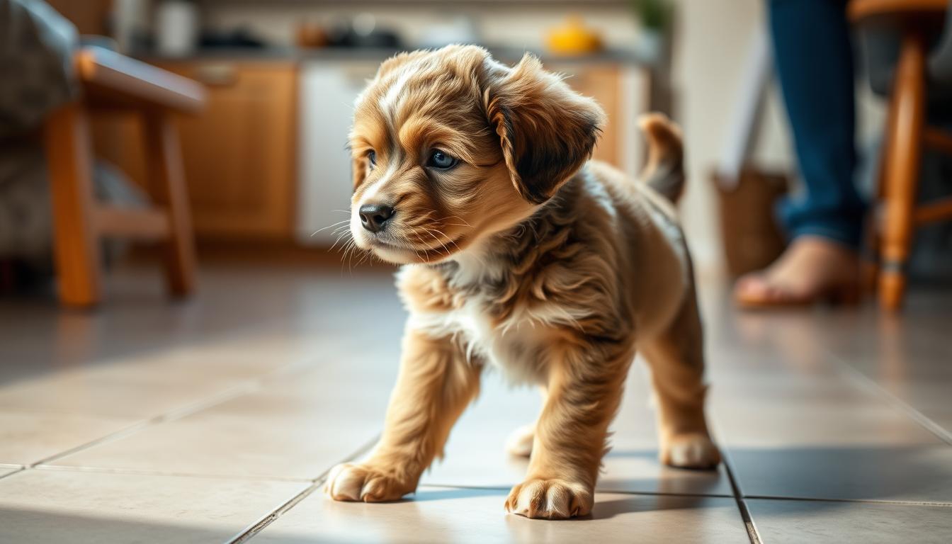 An adorable puppy standing on a tiled floor, concentrating intently as it learns the basics of potty training. The pup's expression is one of determined focus, its head tilted slightly as it contemplates its next move. The lighting is warm and natural, casting soft shadows that accentuate the puppy's fluffy fur and inquisitive gaze. In the background, a soft-focus interior scene, perhaps a cozy living room or kitchen, suggesting a nurturing, domestic environment where this important training takes place. The overall mood is one of patient guidance, as the puppy embarks on this crucial milestone in its development.