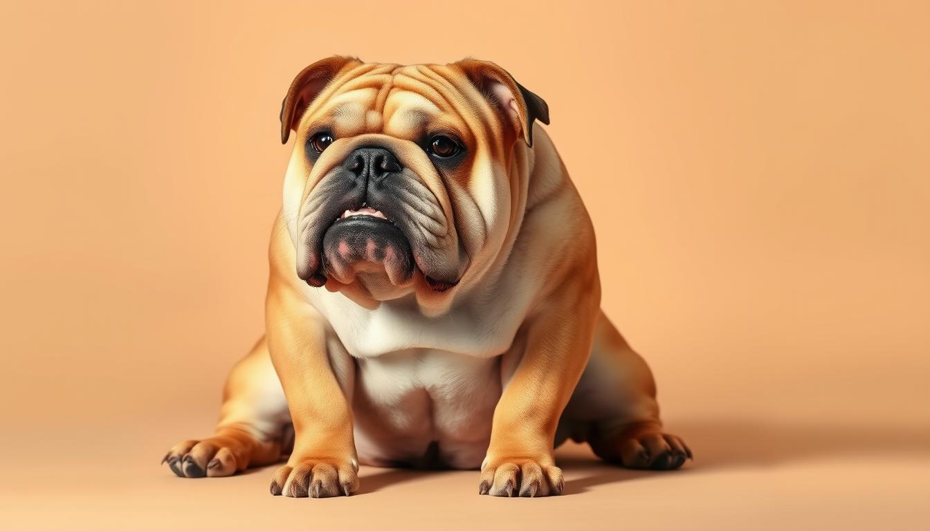 An English bulldog sitting proudly, its broad, muscular frame and wrinkled, scowling face conveying an air of steadfast determination. The dog's stocky legs are planted firmly on the ground, its tail curled tightly against its hindquarters. Soft, fawn-colored fur covers its body, while a black mask frames its expressive eyes and flattened nose. The lighting is warm and gentle, casting subtle shadows that accentuate the breed's unique features. The background is a simple, neutral tone, allowing the bulldog's distinct characteristics to take center stage. An iconic representation of the English bulldog's unwavering spirit and loyal temperament.