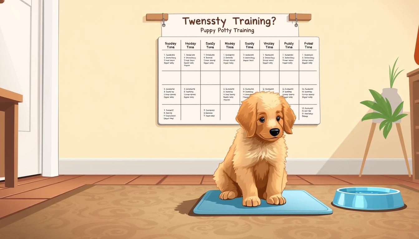 A detailed, well-lit illustration of a puppy potty training schedule. The foreground features a cute, fluffy puppy sitting on a patterned rug, with a visible potty pad and a water bowl nearby. The middle ground showcases a wall-mounted schedule, neatly organized with distinct time slots and icons representing different potty-related activities. The background has a warm, inviting atmosphere, with soft lighting and a neutral-toned interior decor, creating a calm and nurturing environment for effective puppy training. The image conveys a sense of structure, patience, and care, reflecting the importance of a consistent schedule in the potty training process.